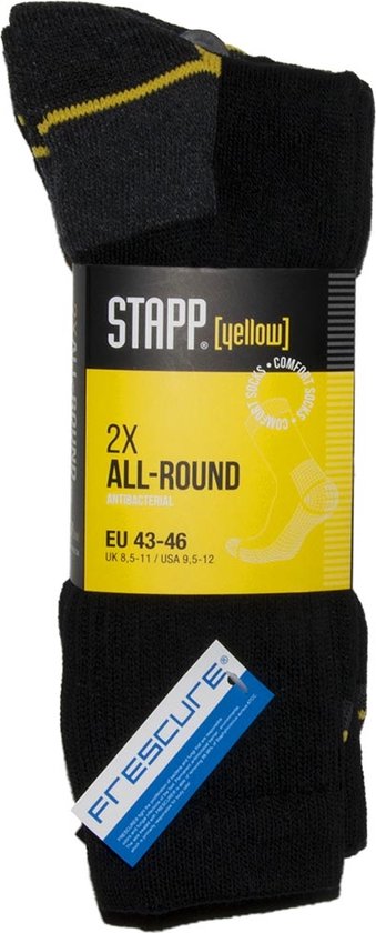 Verpakking met twee paar zwarte '2X ALL-ROUND ANTIBACTERIAL' sokken.