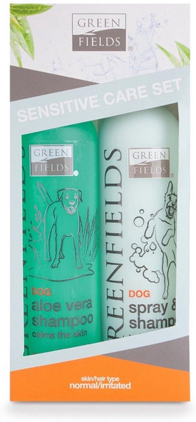 Vacht Verzorgingsset voor Honden met Gevoelige Huid - Greenfields - Krachtige Aloe Vera Shampoo en Spray&Go DroogShampoo 250ML