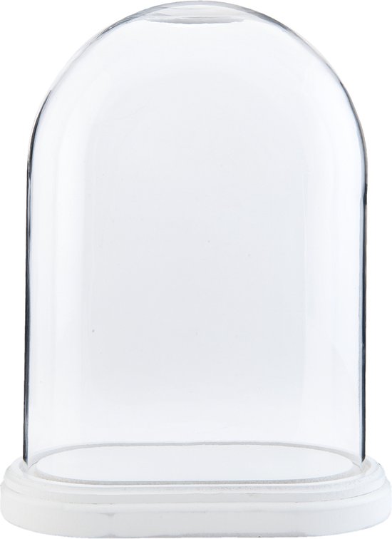 HAES DECO - Decoratieve glazen stolp met witte houten voet, ovaal 26 x 15 cm en hoogte 34,5 cm - ST017641