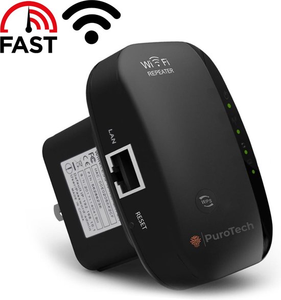 PuroTech Wifi Repeater - Zwart - Wifi Versterker Stopcontact 300Mbps - 2.4 GHz - Inclusief Internetkabel - Booster - Extender