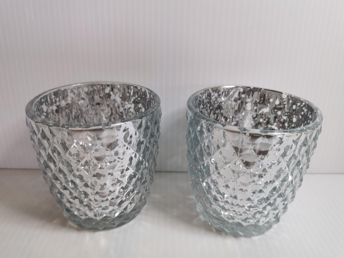 Set van 2xTheelicht Zilver 7x7,50cm Waxinelichthouder Rond Geruit