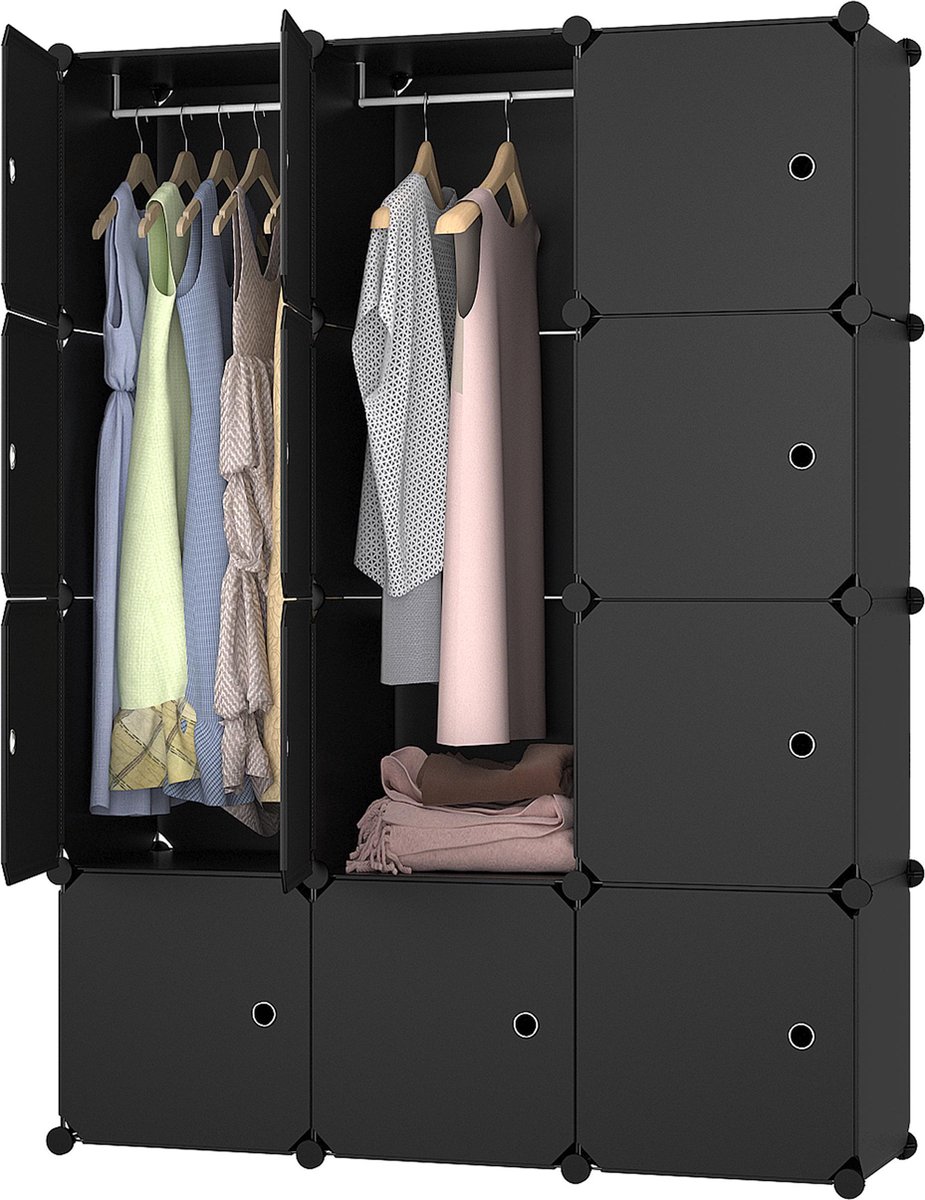 Lowander 3x4 vakkenkast 'Napoli' zwart 148x111 cm - kunststof kledingkast met hangruimte / roomdivider afsluitbaar - Lowander