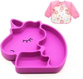 Baby bord met zuignap-Slab met mouwen waterdicht-Siliconen baby bord-Bord met vakjes-Kinderservies-Kinderbord-Unicorn-Kraam cadeau-Slabbetje-Vakjesbord-Bord met zuignap