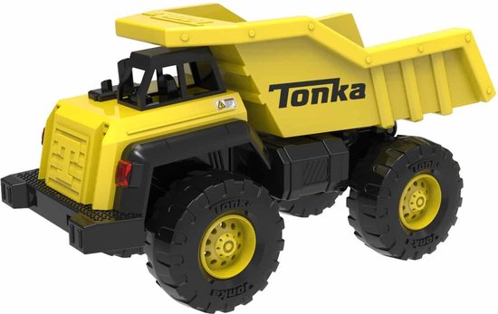 Camion-benne Tonka jaune avec des roues noires, sur fond blanc.