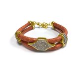 Silventi 980101917 Leren armband met stalen elementen - 20 cm - Oranje / Goudkleurig