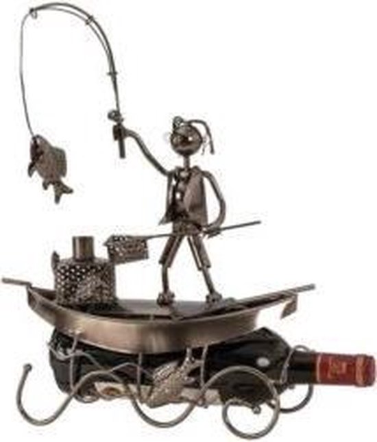 Metale Wijnfles houder - Man op een vissers boot - 39 x 29,5 cm (hxb)