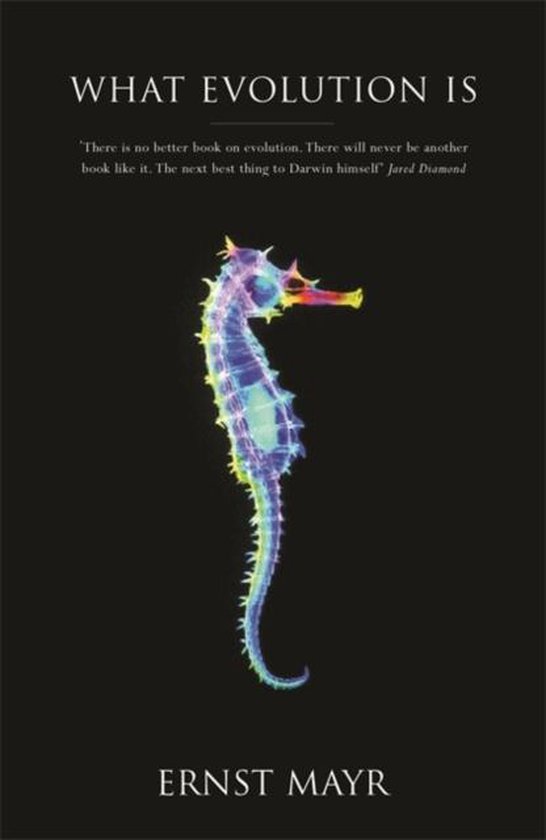Boek 'What Evolution Is' met op de voorkant een gekleurde, doorschijnende zeepaardje.