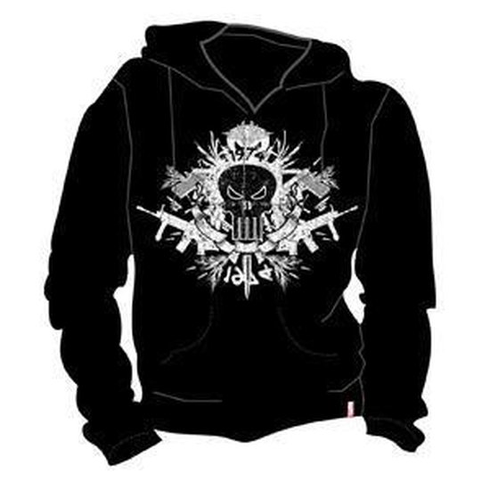 Zwarte hoodie met een wit Punisher-schedelontwerp, omringd door wapens en explosies.