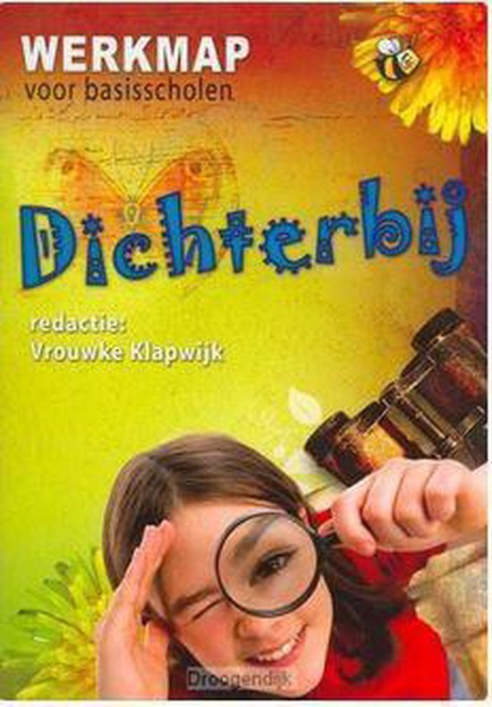 Werkmap Dichterbij voor basisscholen met een meisje dat door een vergrootglas kijkt, een vlinder en een bij.