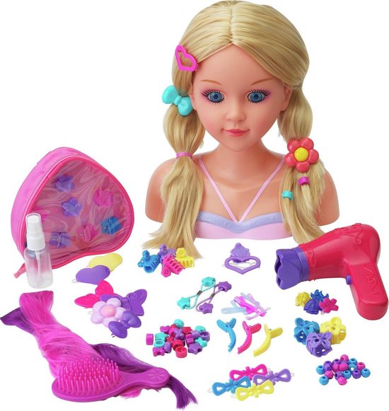 GOXAEEE Frisierkopf, 35 stuks hoofd om te stylen en schminken, speelgoed voor meisjes van 1 t/m 9 jaar, pop styling hoofd voor kapsel (Roze), Tete à coiffer