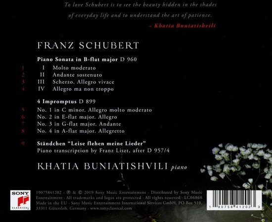 Achterkant albumhoes 'SCHUBERT' met tracklijst en Sony Classical logo