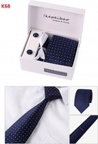 Elegante Stropdas Set in Geschenkdoos - inclusief Manchetknopen, Pochet en Dasspeld - K68 - Donker Blauw