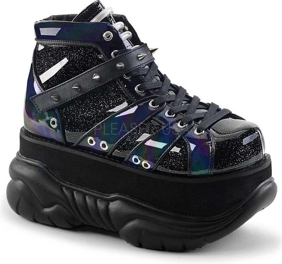 Neptune-100 glitter unisex plateau sneakers met spikes zwart - (EU 39 = US 7) - Demonia