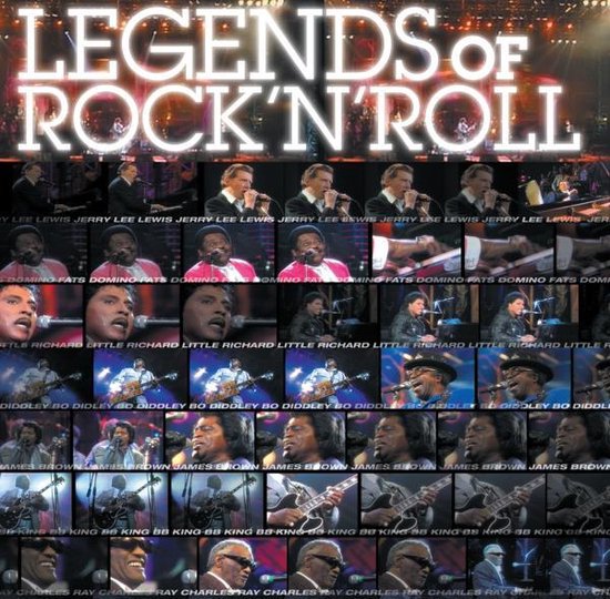 Een collage van foto's van artiesten zoals Jerry Lee Lewis, Fats Domino, Little Richard, Bo Diddley, James Brown en B.B. King, met de titel 'Legends of Rock 'n' Roll'.