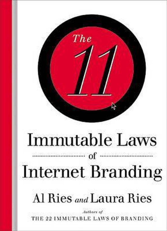 Boek kaft met rode cirkel, de tekst 'The 11 Immutable Laws of Internet Branding' en auteursnamen.