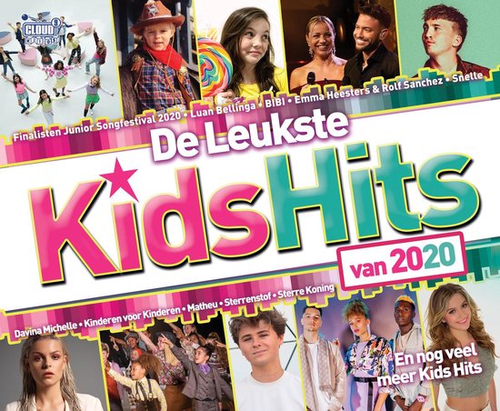 Cover van "De Leukste KidsHits van 2020" met Luan Bellinga, BIBI, Emma Heesters & Rolf Sanchez, Snelle, Davina Michelle, Kinderen voor Kinderen, Matheu, Sterrenstof, Sterre Koning.