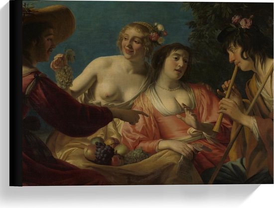 Canvas  - Oude Meesters - Fluitspelende herder & herderinne, Gerard v Honthorst - 40x30cm Foto op Canvas Schilderij (Wanddecoratie op Canvas)