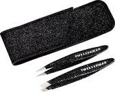 Tweezerman Anniversary Mini Tweezer Set - Kerstset Pincet - Pincet schuine zijde en pincet spitse punt - Zwart Glitter - 2 stuks met case