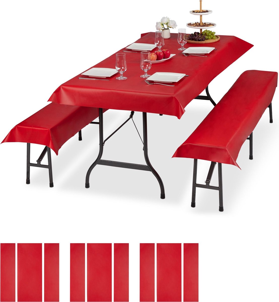 Relaxdays 12 x tafelkleed biertafel en banken - hoezen set biertent - 250 x 100 cm rood