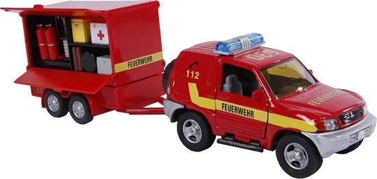 2-play Duitse Brandweer Met Aanhangwagen Diecast 25 Cm Rood