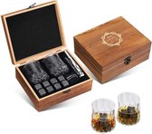 Whiskey Steenset | Herbruikbare ijsblokjes | 2 Glazen 200 ml | Roestvrij Stalen Tang | Houten Geschenkdoos