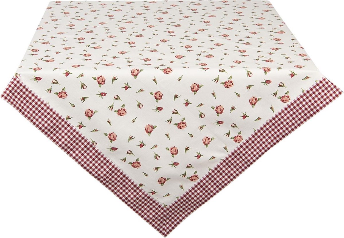 Clayre & Eef Tafelkleed 150x250 cm Rood Wit Katoen Rechthoek Rozen Tafellaken
