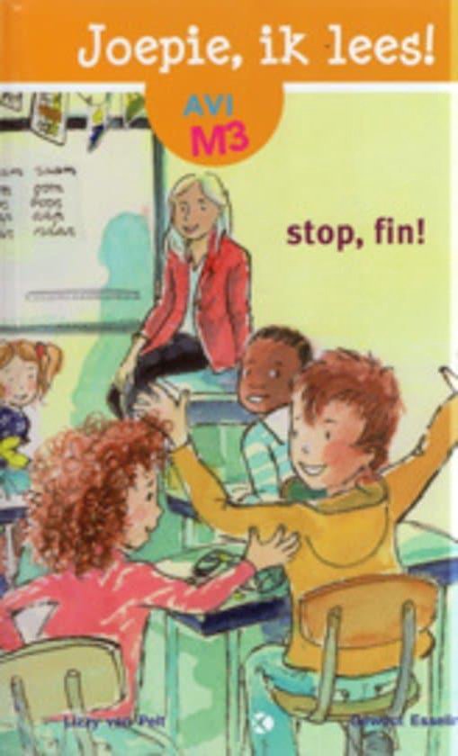 Boekcover 'Joepie, ik lees!' met een tekening van een klaslokaal. Kinderen zitten aan tafels, lachend.