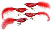 Set van 8 - Rode Kerstboomdecoratie Vogeltjes 8 cm met knijpertje