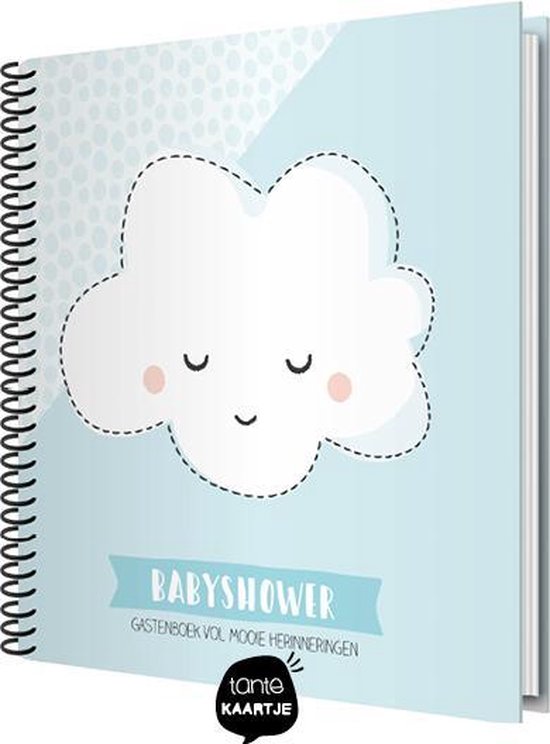 Babyshower gastenboek met een blauwe omslag, een schattige wolk-illustratie met gestikte rand, en tekst.