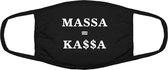 Massa is Kassa | geld | kassa | mondkapje | gezichtsmasker | bescherming | bedrukt | logo | Zwart mondmasker van katoen, uitwasbaar & herbruikbaar. Geschikt voor OV