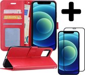 Hoes voor iPhone 12 Mini Hoesje Book Case Met Screenprotector Full Cover 3D Tempered Glass - Hoes voor iPhone 12 Mini Hoes Wallet Cover Met 3D Screenprotector - Rood
