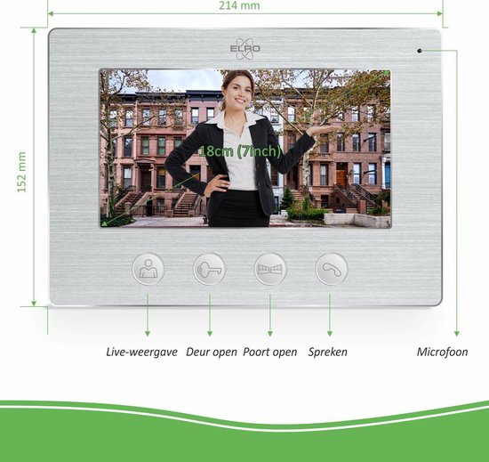 7 inch kleurenscherm van een video-intercom met een vrouw in een zwart pak voor een bruin huis. Knoppen voor livebeeld, deuropen, poort open, spreken en microfoon.