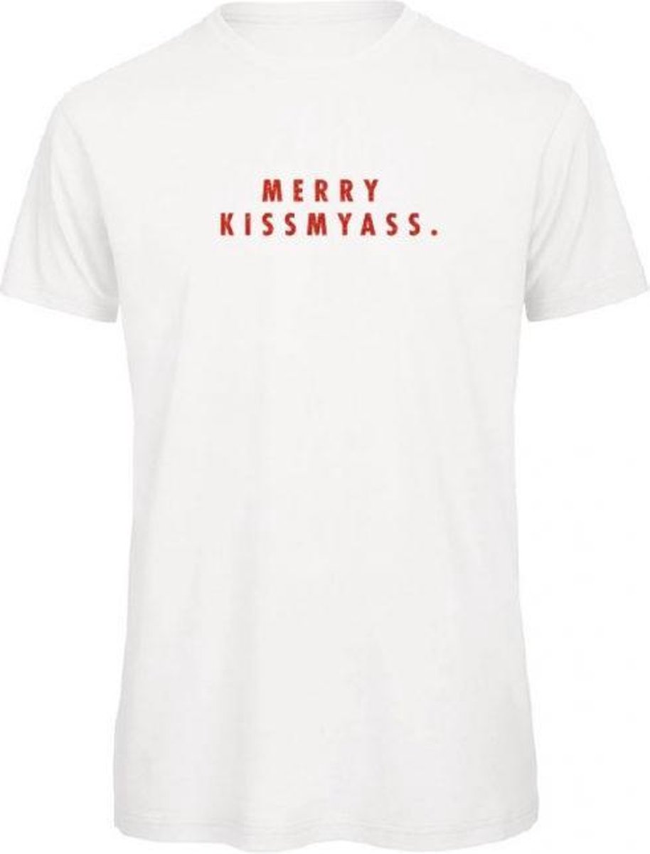 Foute kersttrui t-shirt wit XXL - Merry Kissmyass - rood glitter - soBAD. | Kerst t-shirt soBAD. | kerst shirts volwassenen | kerst t-shirts volwassenen | Kerst outfit | Foute kerst t-shirts