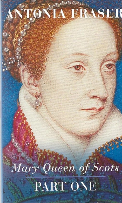 Boekomslag met een portret van Mary Queen of Scots met rood haar, parels en een hoge witte kraag.