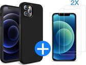 iPhone 12 Pro Hoesje Zwart - iphone 12 pro hoesje zwart - iphone 12 pro Siliconen Hoesje Case Back Cover - 2x iPhone 12 pro Screenprotector Tempered Glass