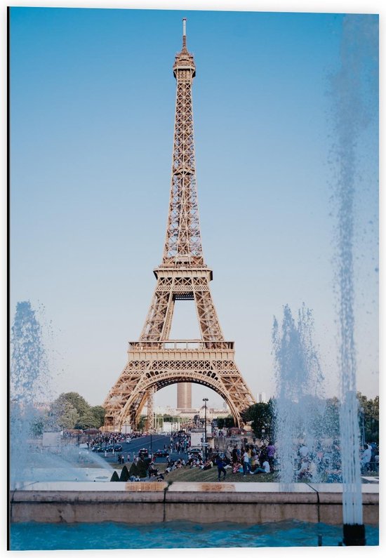 Dibond - Eiffeltoren in Parijs met helderblauwe Lucht - Foto op Aluminium (Wanddecoratie van metaal)