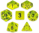 Polydice set - Polyhedral dobbelstenen set 8 delig | Set van 7 in velours bewaarzakje / bag / pouch| dungeons and dragons dice | D&D Pathfinder RPG | Geelgroen Doorzichtig