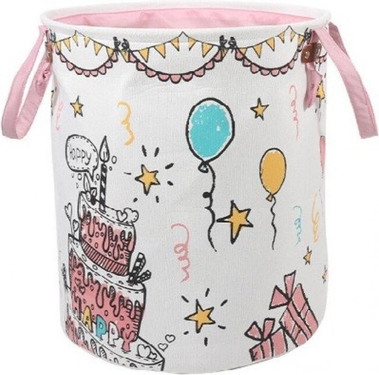 Witte mand met feestelijke opdruk: grote taart met kaarsen, ballonnen, sterren en cadeaus. Roze handvatten.
