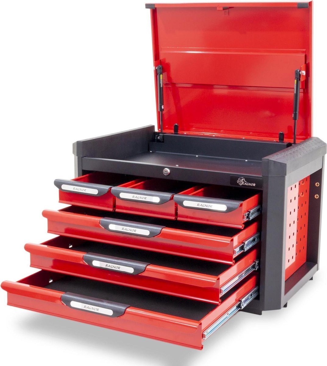 Gereedschapskist Heimdal – Leeg & Premium | 6 Kogelgelagerde Lades (3× 568×398 × 75 mm & 3× 169×398 × 75 mm) | PE-Stootranden, Geperforeerde Zijpanelen & Gasveren – Compact & Duurzaam