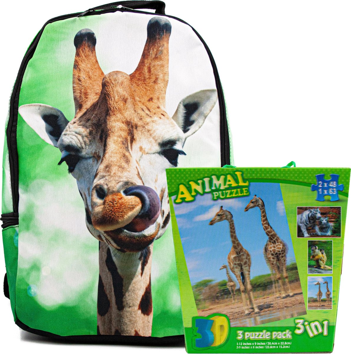 Rugtas giraffe | kinder rugzak jongens voor school - incl. 3 in 1 speelgoed 3d puzzel - rugzak meisje giraf - Afrika thema backpack - hoogte 42 cm
