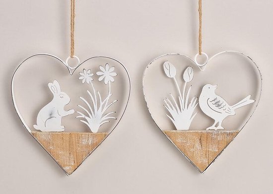 Pasen - Paasdecoratie - Hanger "Hart" met vogel en haas, set van 2