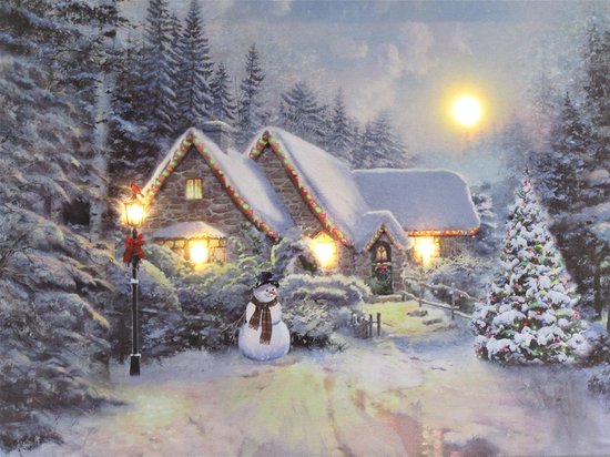 Schilderij met led verlichting - Canvas op houten frame - Huis in bos met  ondergaande... | bol.com
