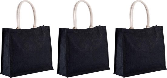 3x stuks jute zwarte boodschappen strandtassen van 42 cm - Strandartikelen beach bags/shoppers
