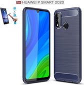 Huawei P Smart 2020 Carbone Brushed Tpu Blauw Cover Case Hoesje - 1 x Tempered Glass Screenprotector CTBL
