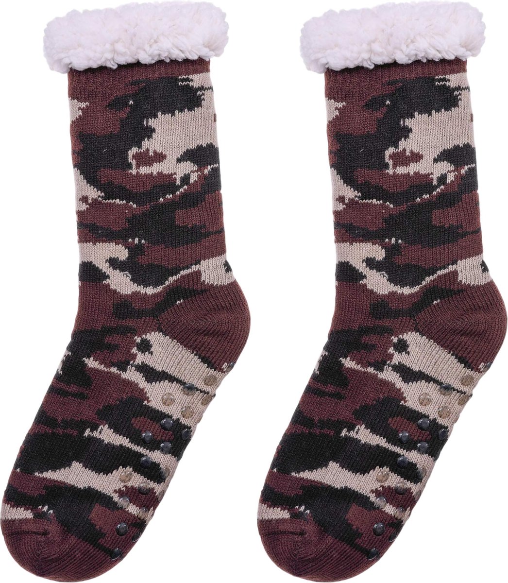 JAXY - Huissokken Dames - Verwarmde Sokken - Anti Slip Sokken - Huissokken - Bedsokken - Warme Sokken - Kerstcadeau Voor Vrouwen - Thermosokken - Dikke Sokken - Fluffy Sokken - Kerstsokken Dames en Heren - Camouflage Bruin