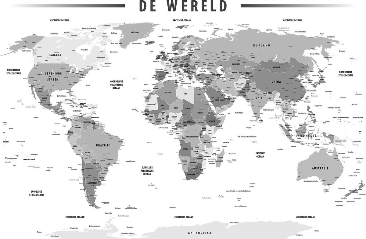 Canvas kaart wereld Nederlandstalig | zwart wit grijstinten | 120 x 80 cm |  bol.com