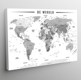 Canvas kaart wereld Nederlandstalig | zwart wit grijstinten | 120 x 80 cm