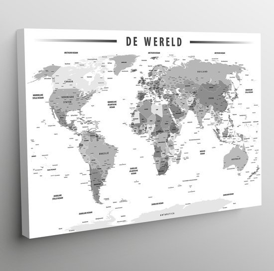 bol.com | Canvas kaart wereld Nederlandstalig | zwart wit grijstinten | 120  x 80 cm
