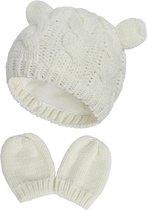 Set bonnet tricoté bébé et mitaines blanc | 9-18 mois | forme d'ours - oreilles d'ours - chapeau enfant - mitaines
