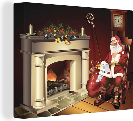 Canvas Schilderij Een illustratie van de kerstman bij zijn open haard - 80x60 cm - Wanddecoratie